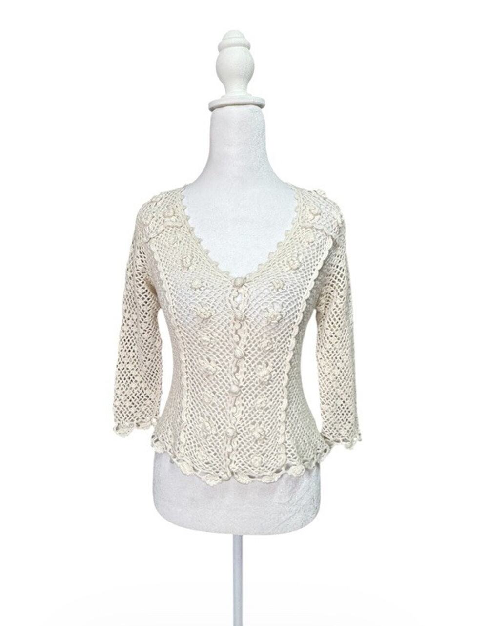 Linea Domani Womens Crochet Open Knit Cardigan Boho Cottage Linen Blend Sz S/P